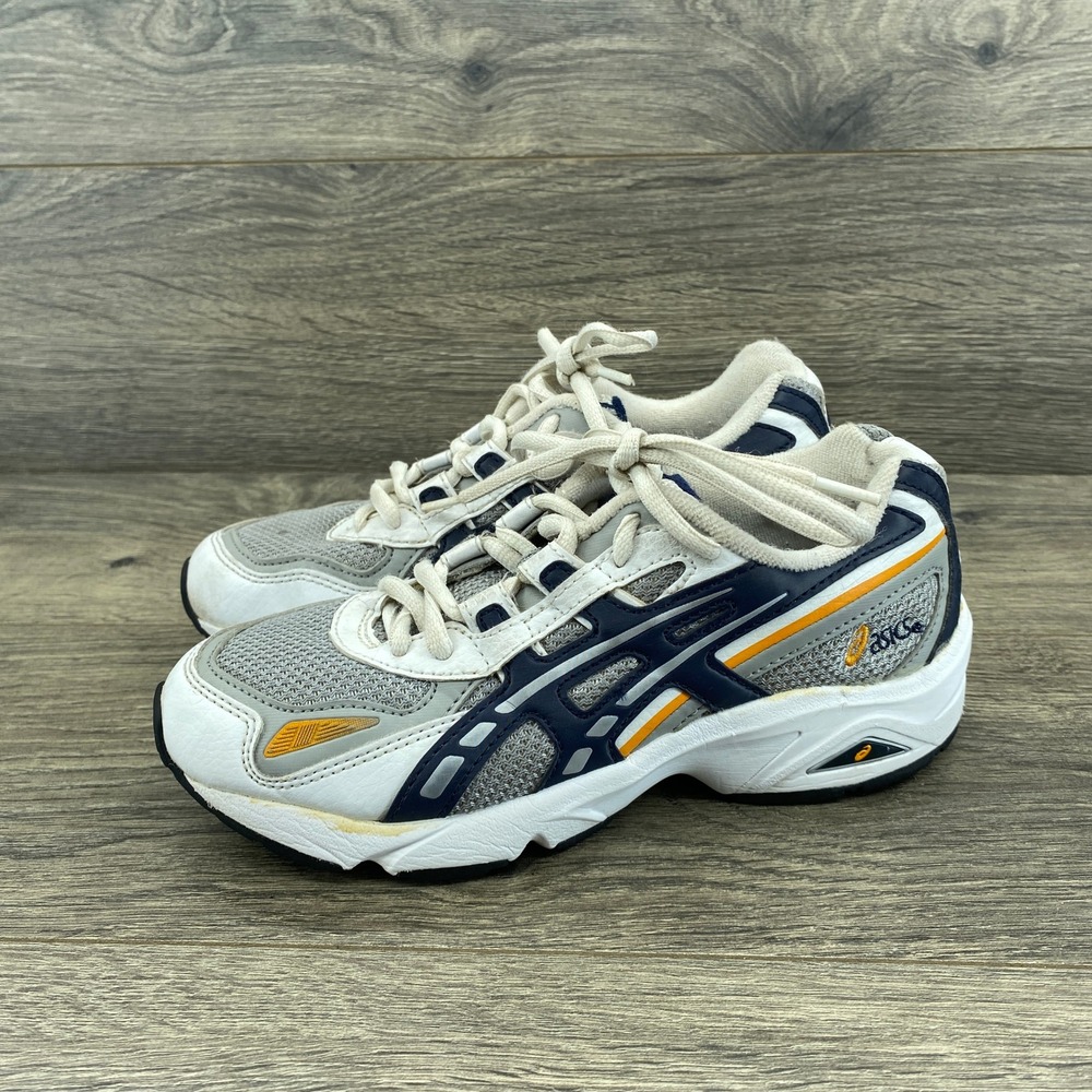 Asics CQ50A Running Shoes Kids Size 2 White Navy Orange Mesh Sneakers